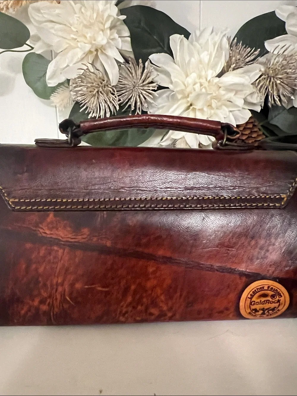 Gold Rock Brown Leather small Messenger Bag with Carved Wildlife Scene